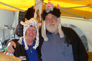 Animal hats at Fieldays -Raewyn Peterson and Arthur Brasting