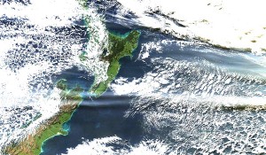 Satellite image of ash cloud over New Zealand