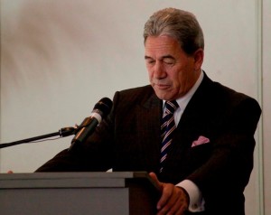 Strong words: Winston Peters addresses a crowded Wintec media lunch today.