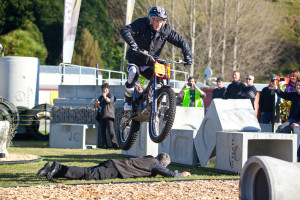 Caption: Jake Whitaker hypes up the crowd when he rides over Shaun at the Hynds stand. Photo: Shannon Rolfe