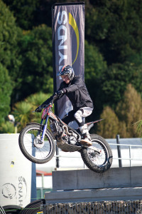 Caption: Jake Whitaker hypes up the crowd when he rides over Shaun at the Hynds stand. Photo: Shannon Rolfe