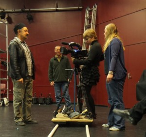 Wintec Moving Image Students test their specially-designed camera "dolly" at the filming of River City Sound System, under the watchful eye of tutor John Mandelberg (left).