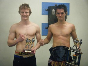 FIGHTING FIT: Daniel Geurts (left) and fellow competitor Lance Bishop show off the victors' spoils.