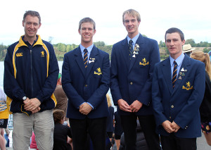 HIGH HOPES: Left to right, John Etty (In charge of rowing), Josh Hares, Callum Ross and Jonny Brown (cox) proud with their rowing performance in the U18 eight. Photo: Sharn Roberts