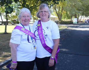 CANCER SURVIVORS: Shirley Harrison (left) and Cathy McBride proudly flaunt their survivor sashes at Hamilton's Relay for Life. Photo: Sharn Roberts.