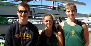Waimea College rowers Sean Ducray, Kaitlyn Wehner, and Sam Johnston in the boat park, hoping to hear when racing would restart.
