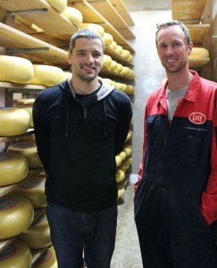 GOOD VINTAGE: Miel Meyer and his local milk supplier and brother in law, Bert, from Meyer Gouda cheese in one of the storage rooms. Photo: Amy Nicholson