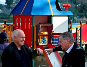 PLAY TIME: Crs Dave Macpherson and Martin Gallagher discuss fast-tracking playground development in Hamilton. Photo: Lance McCaughan