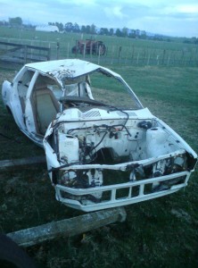 CRUSHED METAL: Remnants of the Morrinsville man's car after he dismantled it . Photo: Supplied