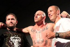 Andre "The Giant" Meunier (centre) with James Roesler (left) and promoter Ian Shepp after his successful bout.